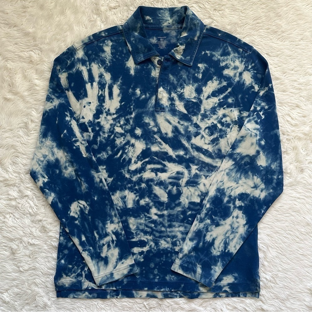 Patagonia Shirt Men’s Long Sleeve Polo Tee Organic Cotton Tie Dye Blue Sz S